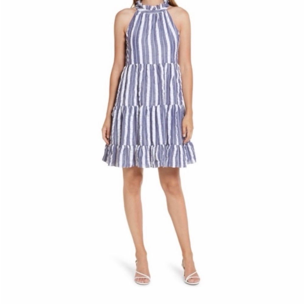 Eliza J Tiered Striped Dress Sleeveless High Neck Ruffle Blue White Lined 16